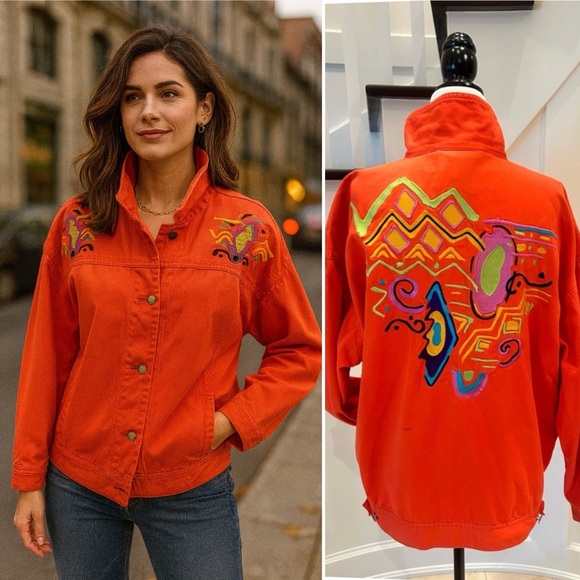 90's Unique Orange Graphic Jacket by IB Diffusion Size 14 - Picture 1 of 14